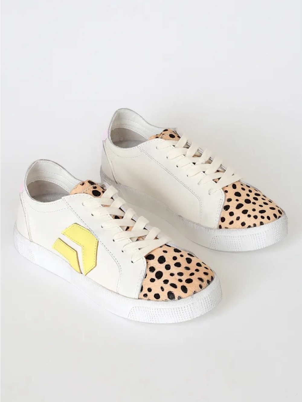 Dolce Vita White Leather Sneakers with Yellow Accent and Leopard Toe